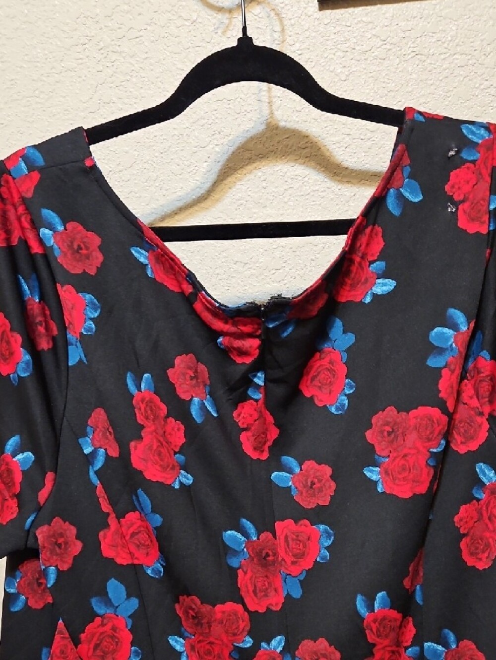 Lane Bryant Black Midi Dress with Red Rose and Blue Leaf Accents - Picture 8 of 10